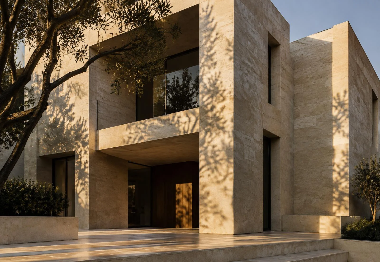 Modern building facade clad in natural limestone