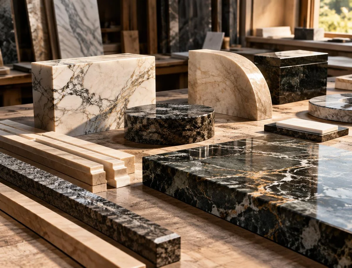 Custom-cut natural stone prepared for architectural production