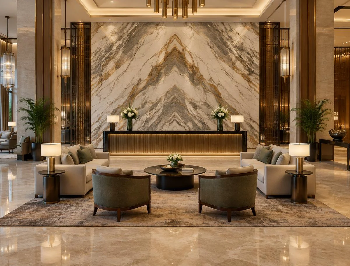 Natural stone in a luxury hotel lobby